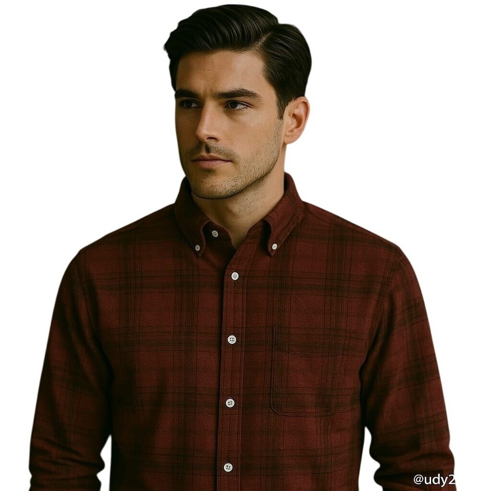 ROWM Flannel Shirt Button Down Plaid‎ Burgundy Long Sleeve Casual Maroon Men XL